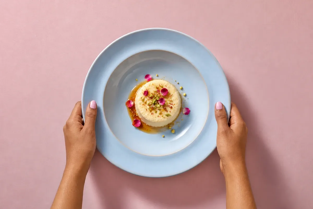 Bhapa doi dessert on blue-grey plate.
