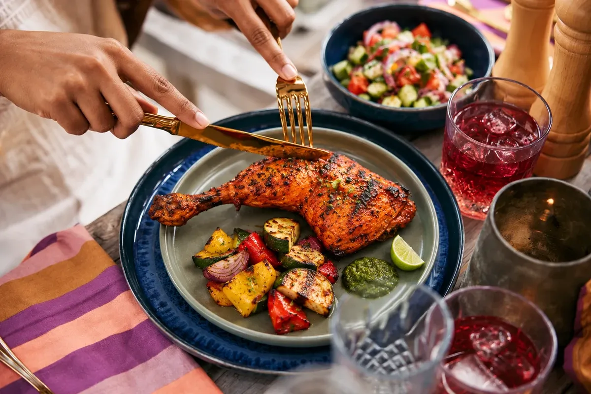 Tandoori chicken on original blue dinnerware.