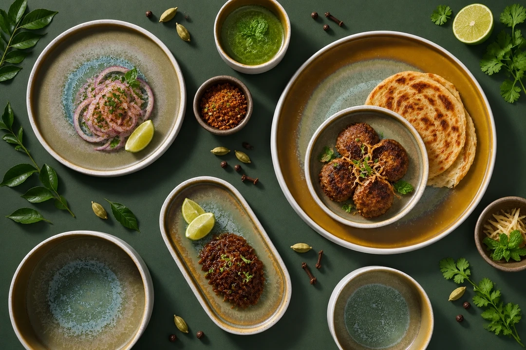 Coco Green dinnerware arranged with lamb galouti with a small warqi-paratha round and mint chutney.