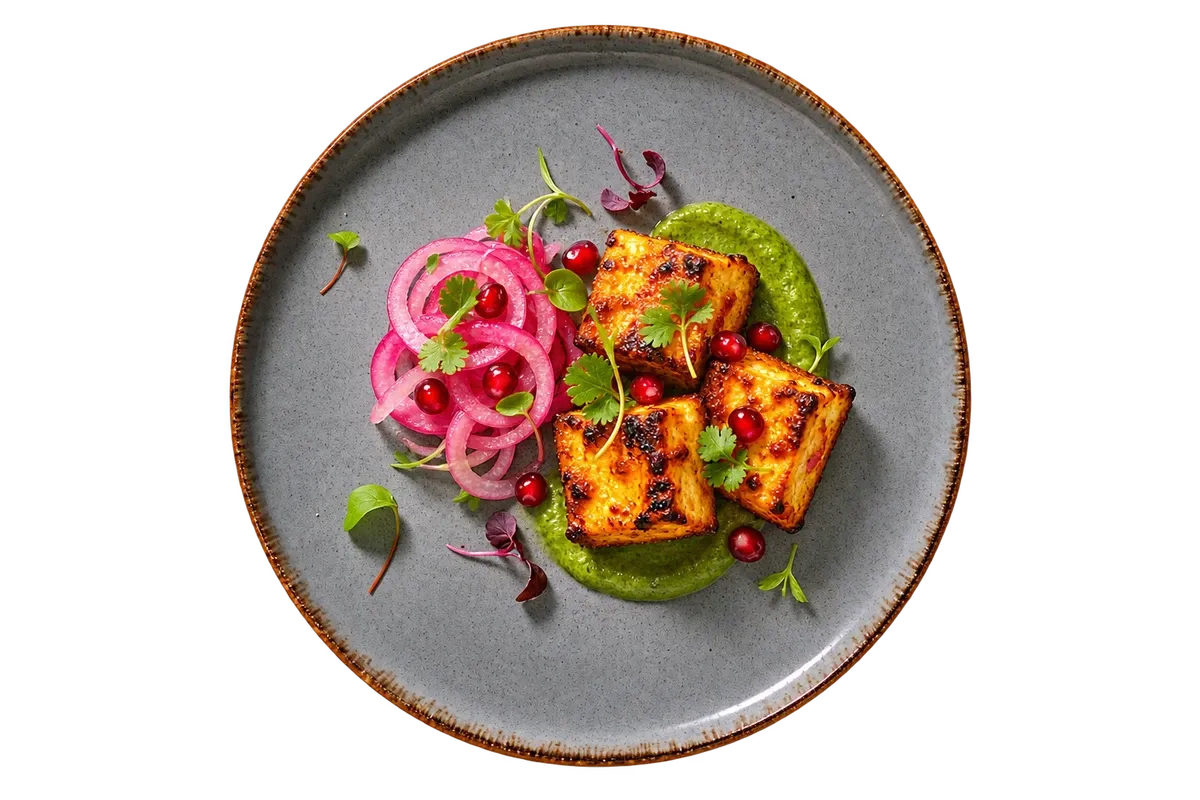 Antigo Blue dinnerware serving paneer tikka with mint-coriander chutney, pickled onion and a few pomegranate seeds.