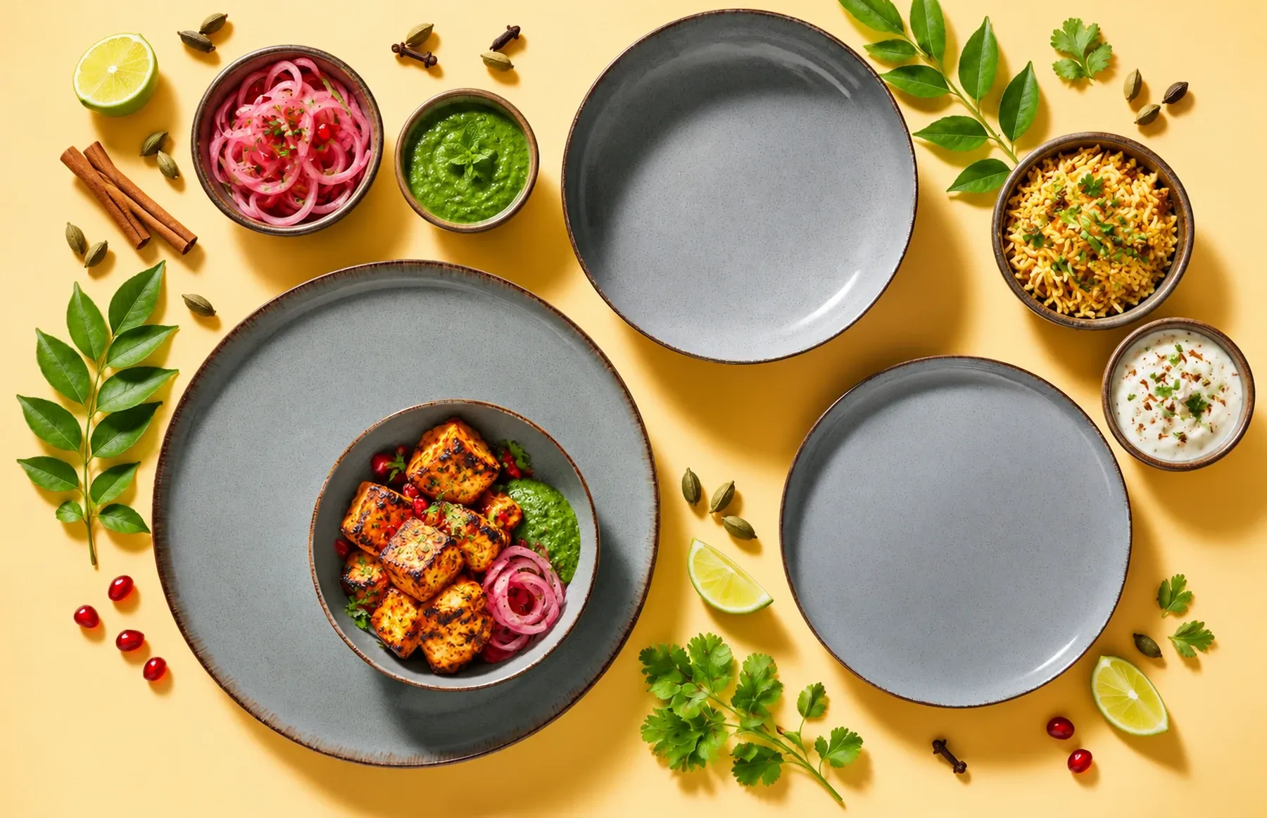 Antigo Blue dinnerware arranged with paneer tikka with mint-coriander chutney, pickled onion and a few pomegranate seeds.