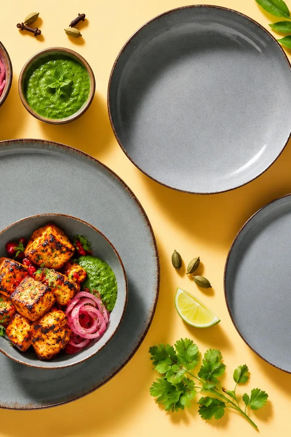 Antigo Blue dinnerware arranged with paneer tikka with mint-coriander chutney, pickled onion and a few pomegranate seeds.