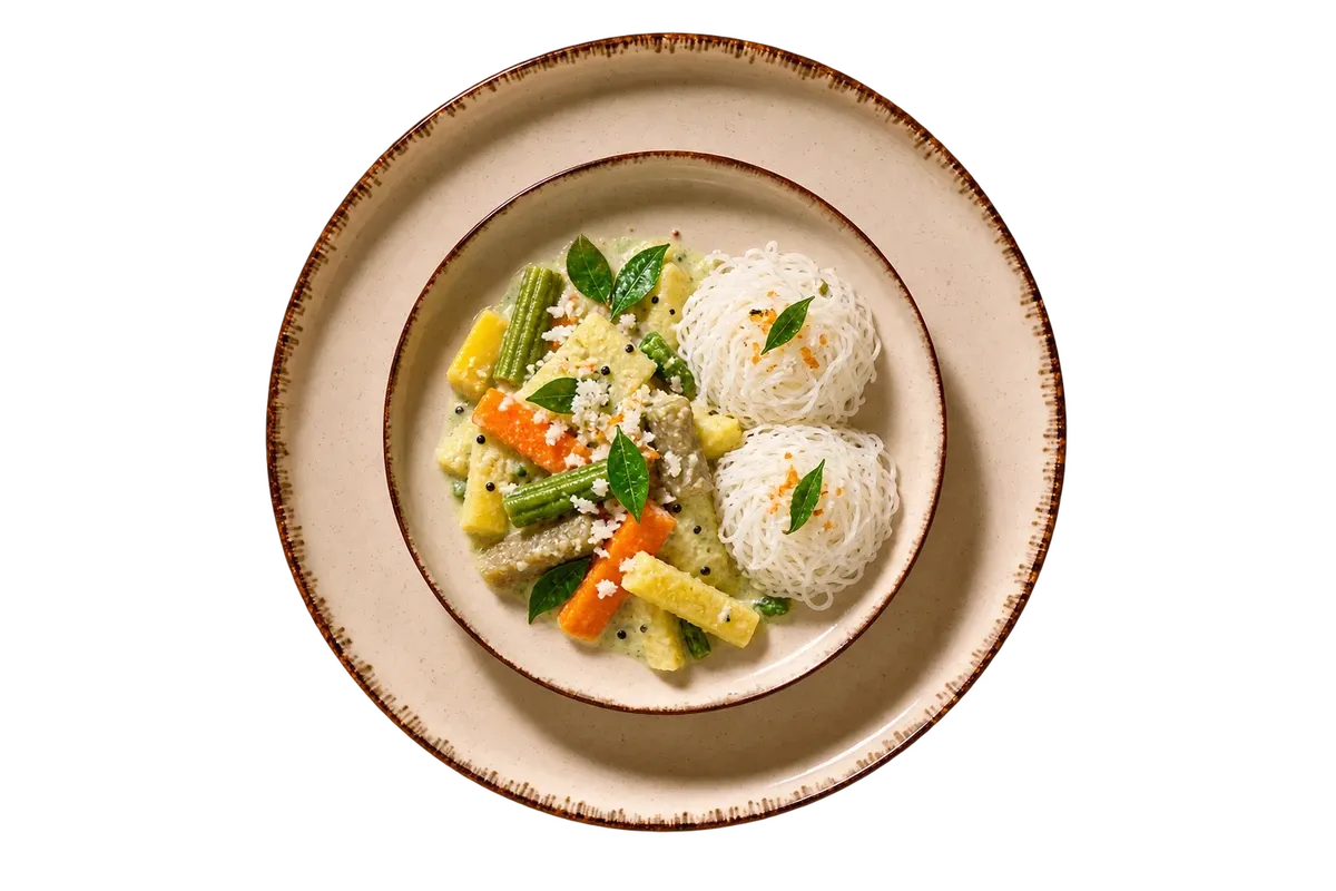Antigo Creme dinnerware serving small vegetable-avial portions with two mini idiyappam nests.