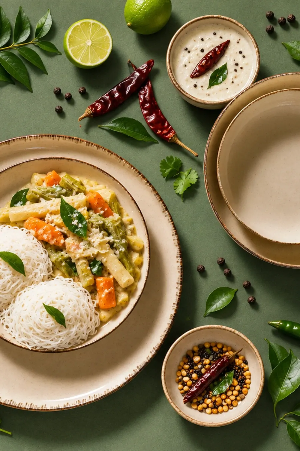 Antigo Creme dinnerware arranged with small vegetable-avial portions with two mini idiyappam nests.