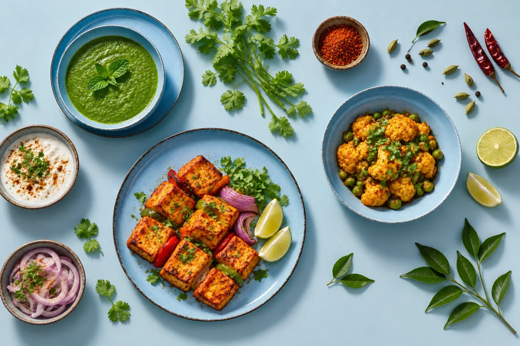 Antigo Light Blue dinnerware arranged with paneer tikka and a small vegetable preparation.