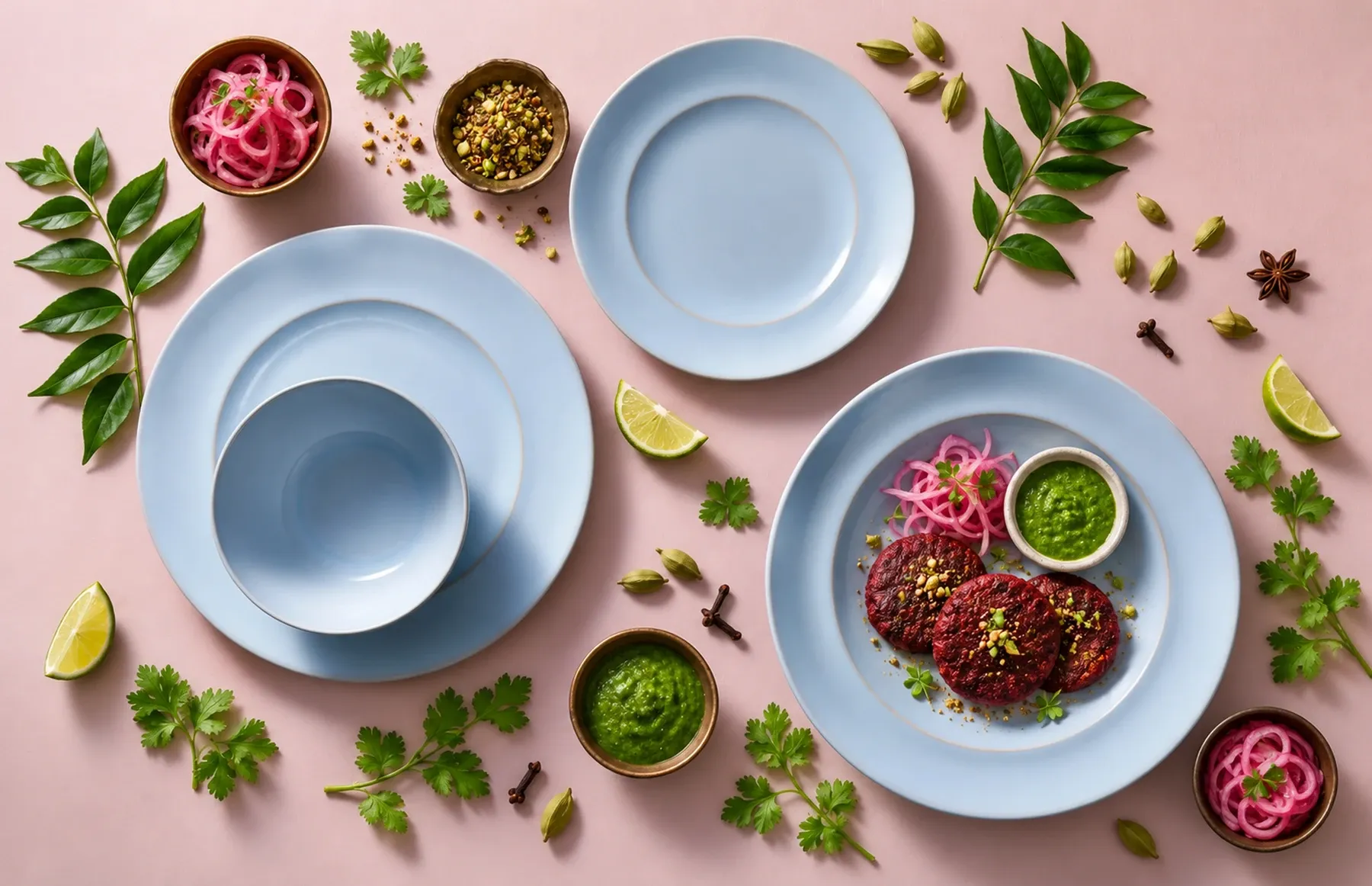 Barolo dinnerware arranged with beetroot galouti with a little mint chutney and pickled onion.