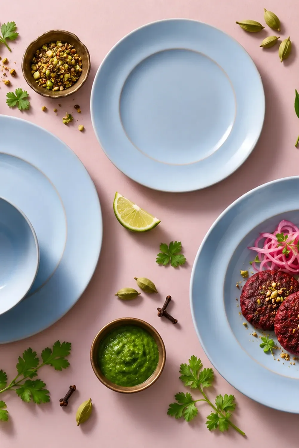 Barolo dinnerware arranged with beetroot galouti with a little mint chutney and pickled onion.