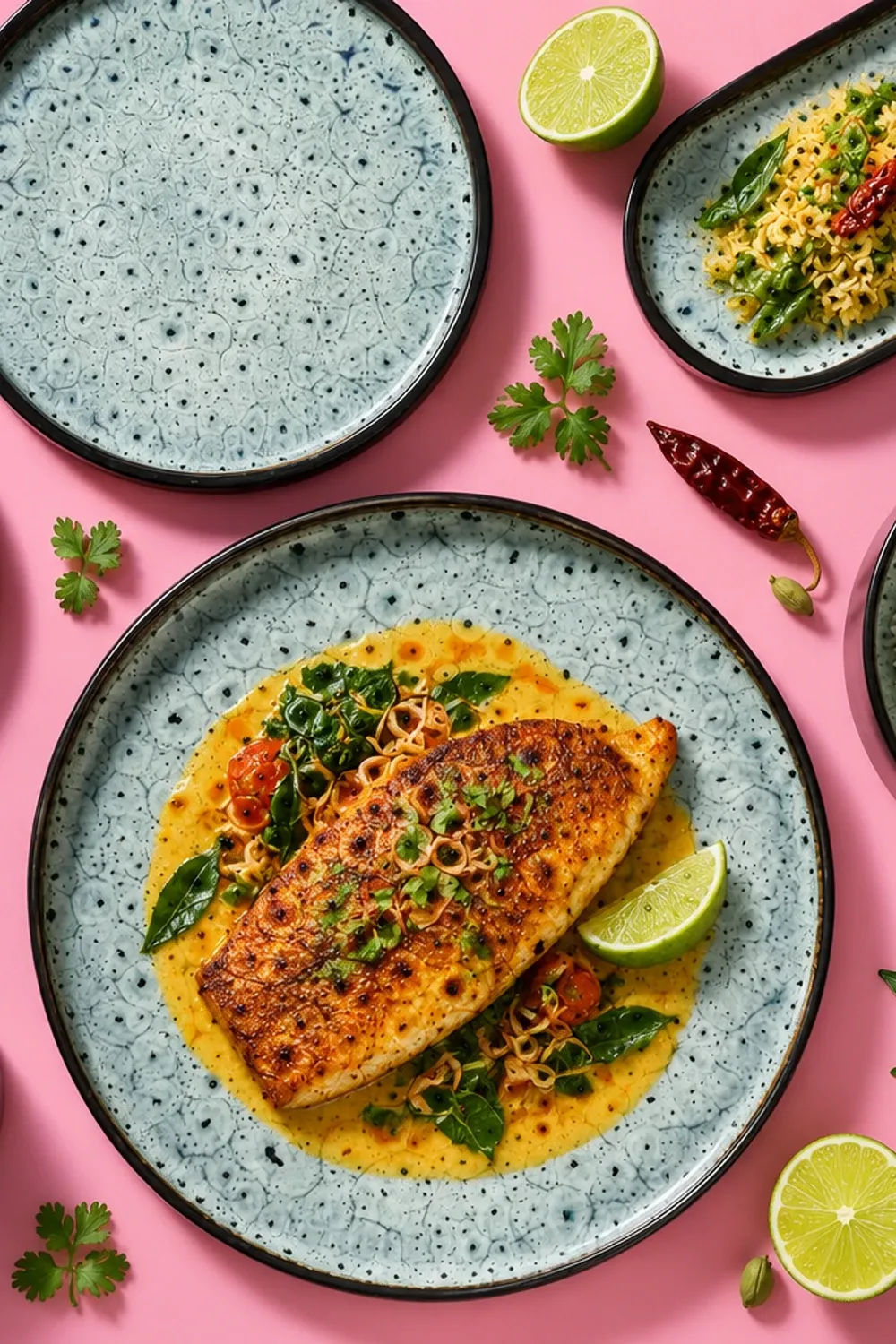 Coco Blue dinnerware arranged with pan-seared coastal fish with a small coconut-curry emulsion.
