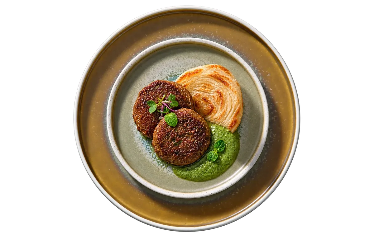 Coco Green dinnerware serving lamb galouti with a small warqi-paratha round and mint chutney.