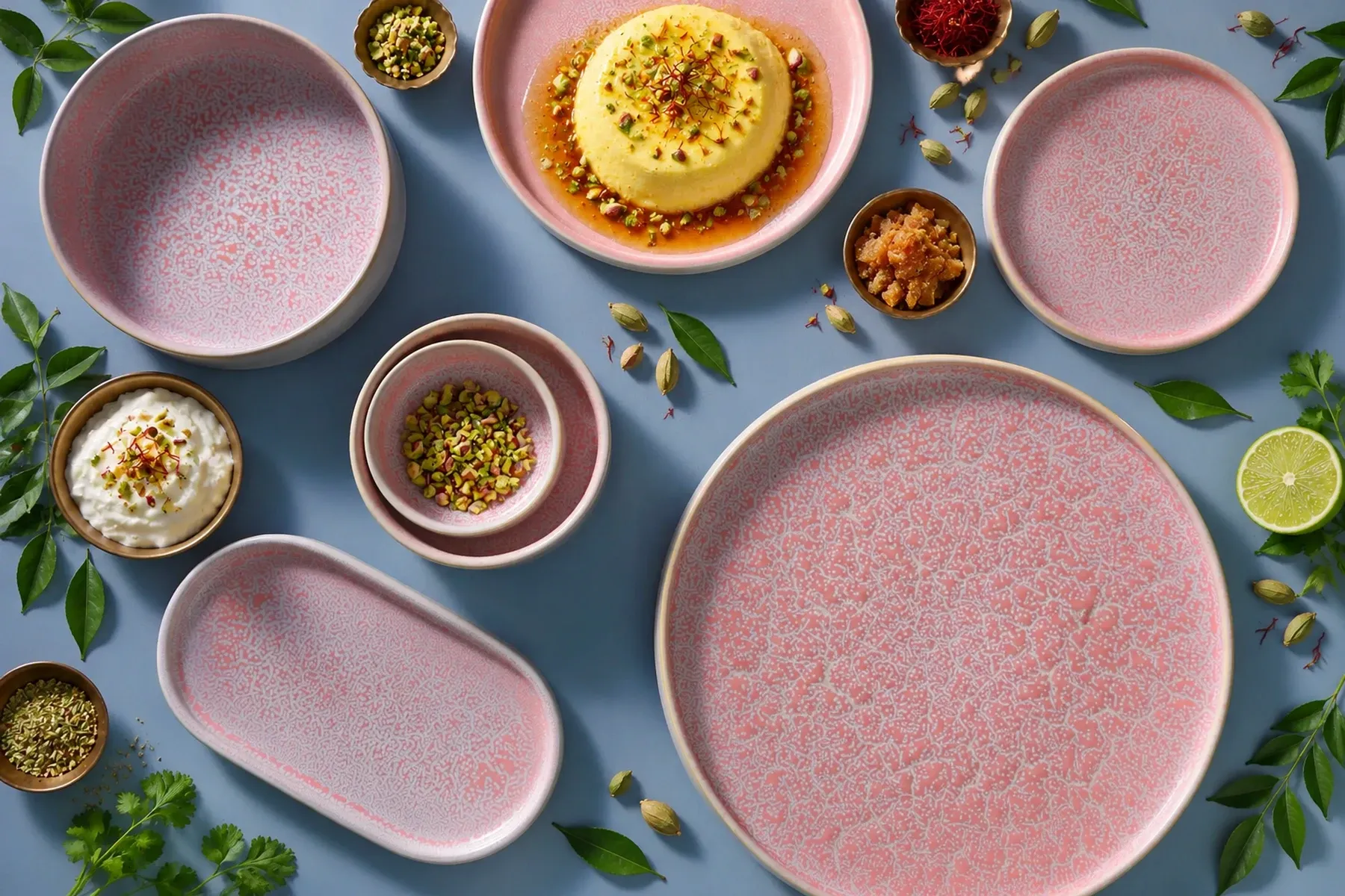Coco Pink dinnerware arranged with saffron bhapa doi with pistachio and a little jaggery syrup.