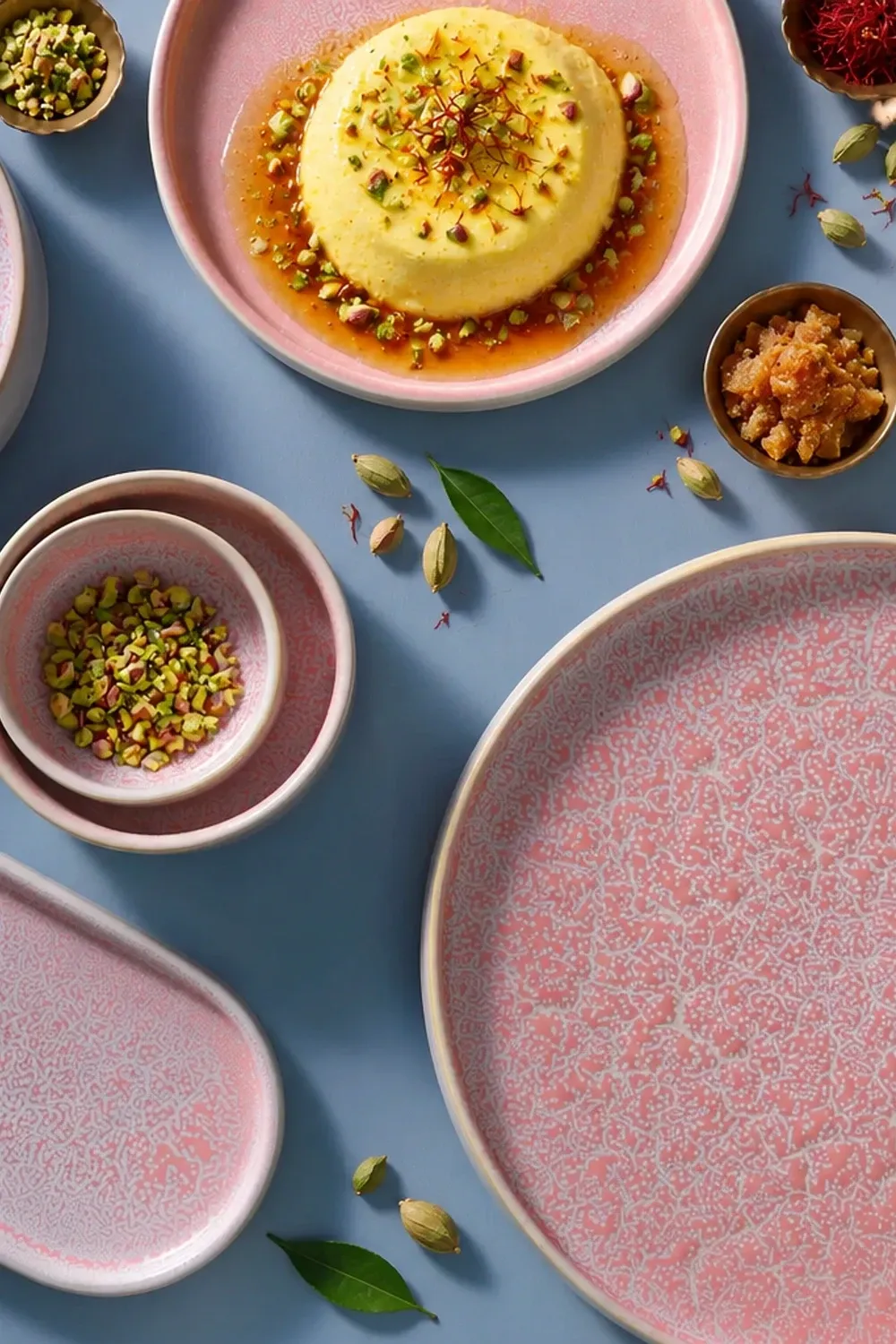 Coco Pink dinnerware arranged with saffron bhapa doi with pistachio and a little jaggery syrup.