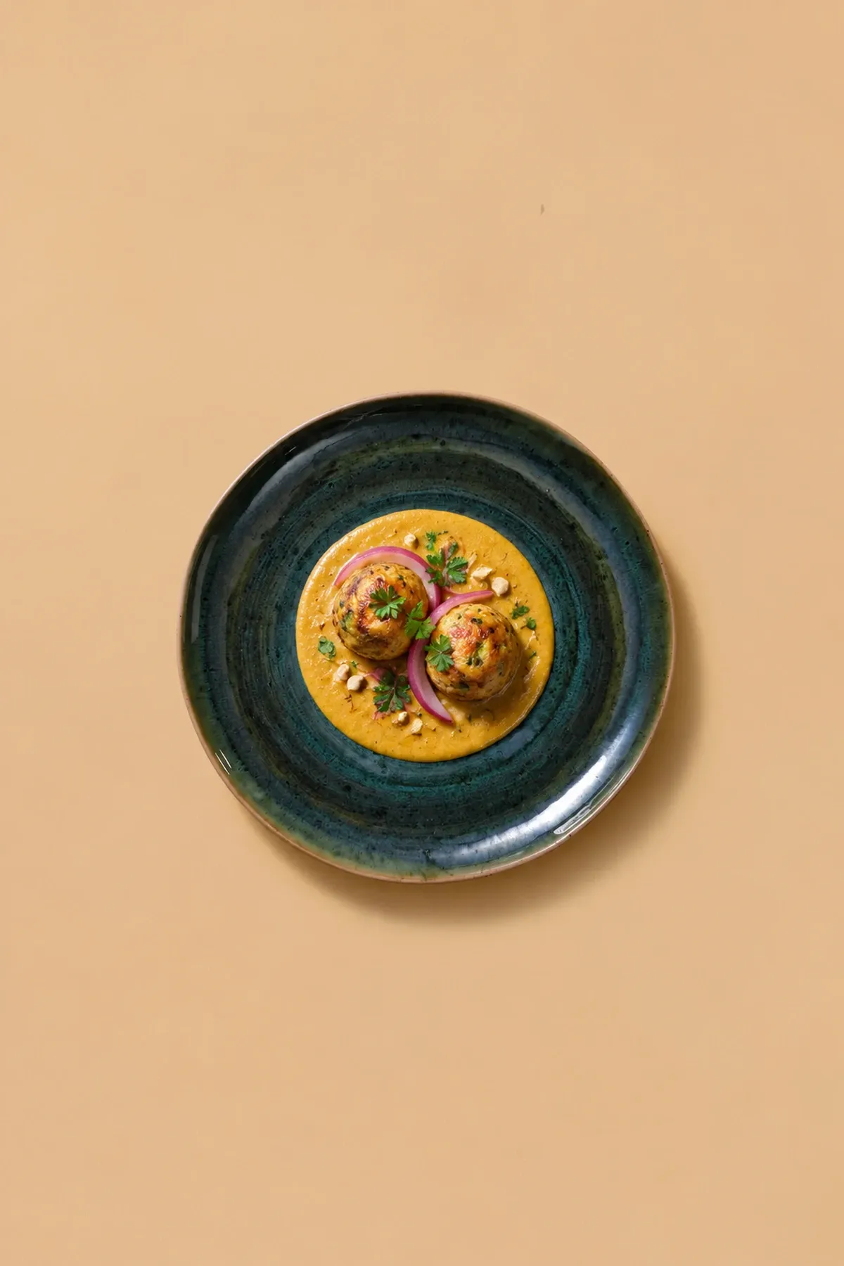 Paneer kofta in saffron-cashew gravy on the original glazed dinnerware.