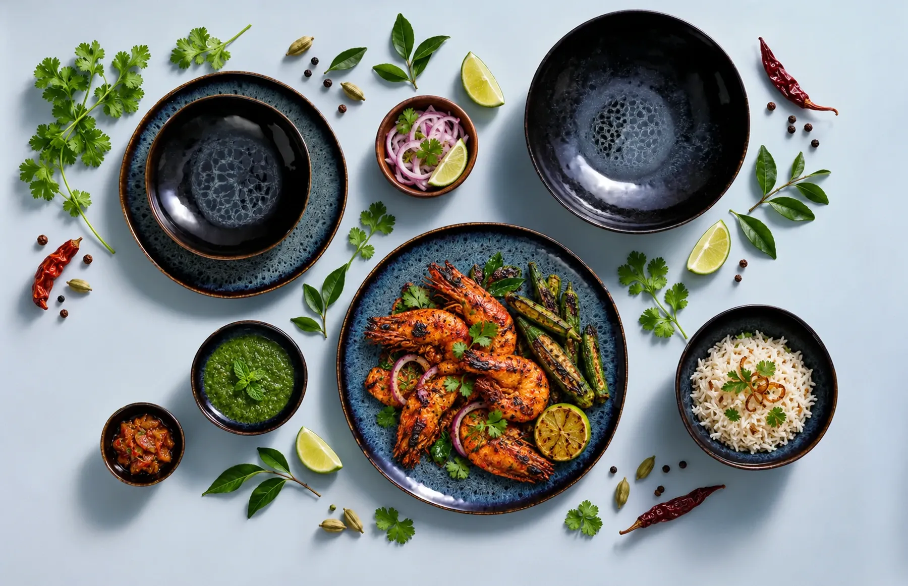 Eccentric dinnerware arranged with tandoori prawns with charred okra and a little mint chutney.