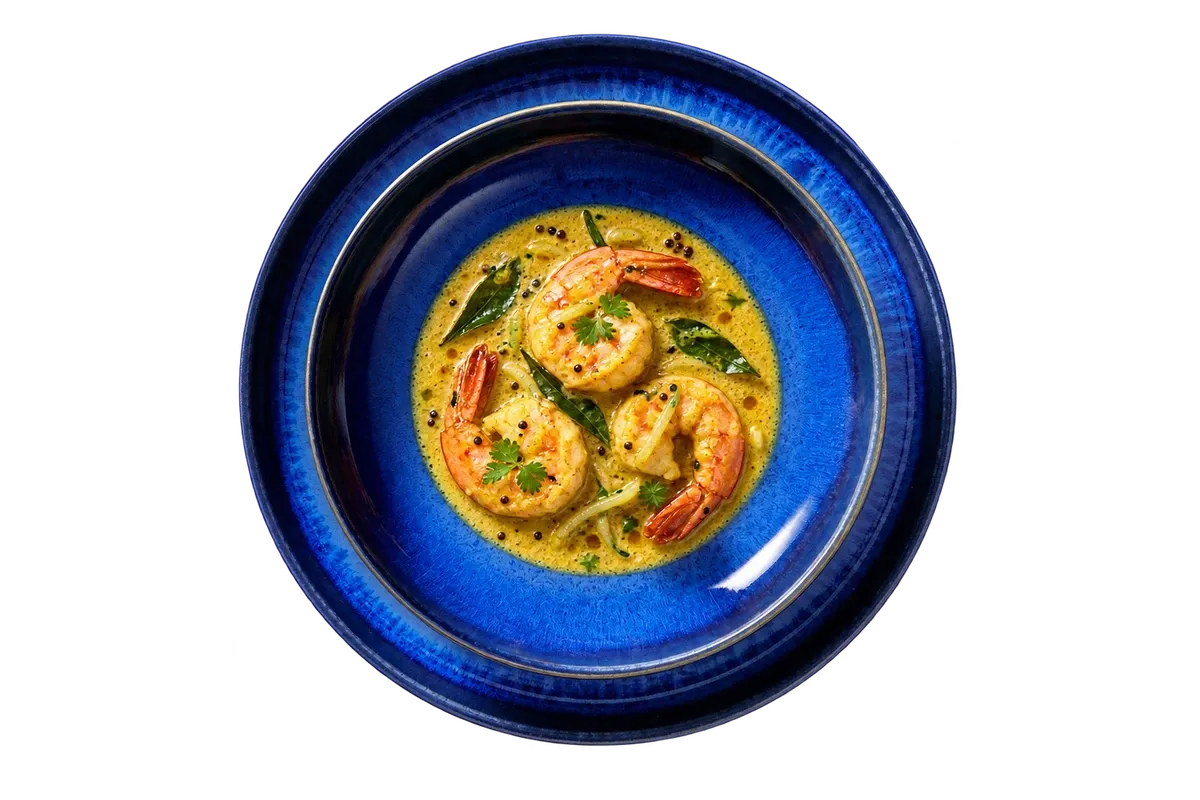 Jory dinnerware serving three prawns in a restrained golden Kerala-style moilee sauce.