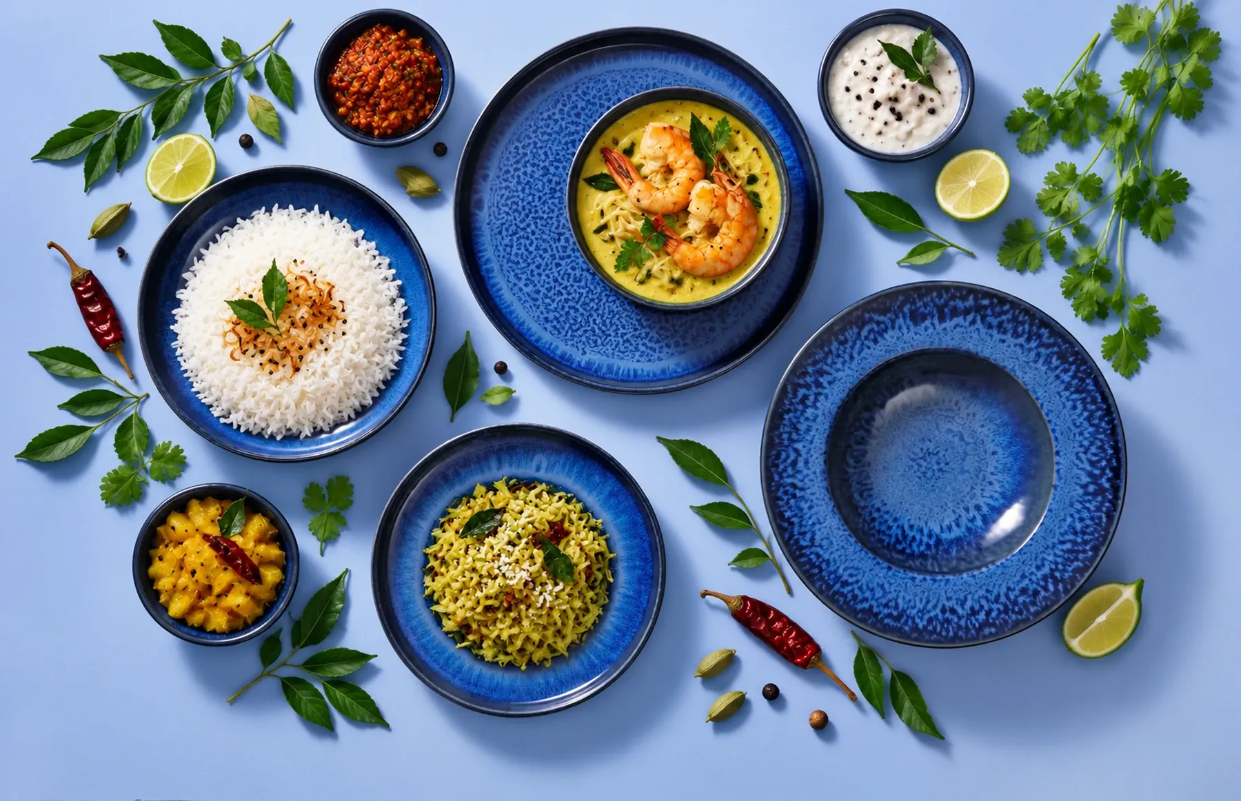 Jory dinnerware arranged with three prawns in a restrained golden Kerala-style moilee sauce.