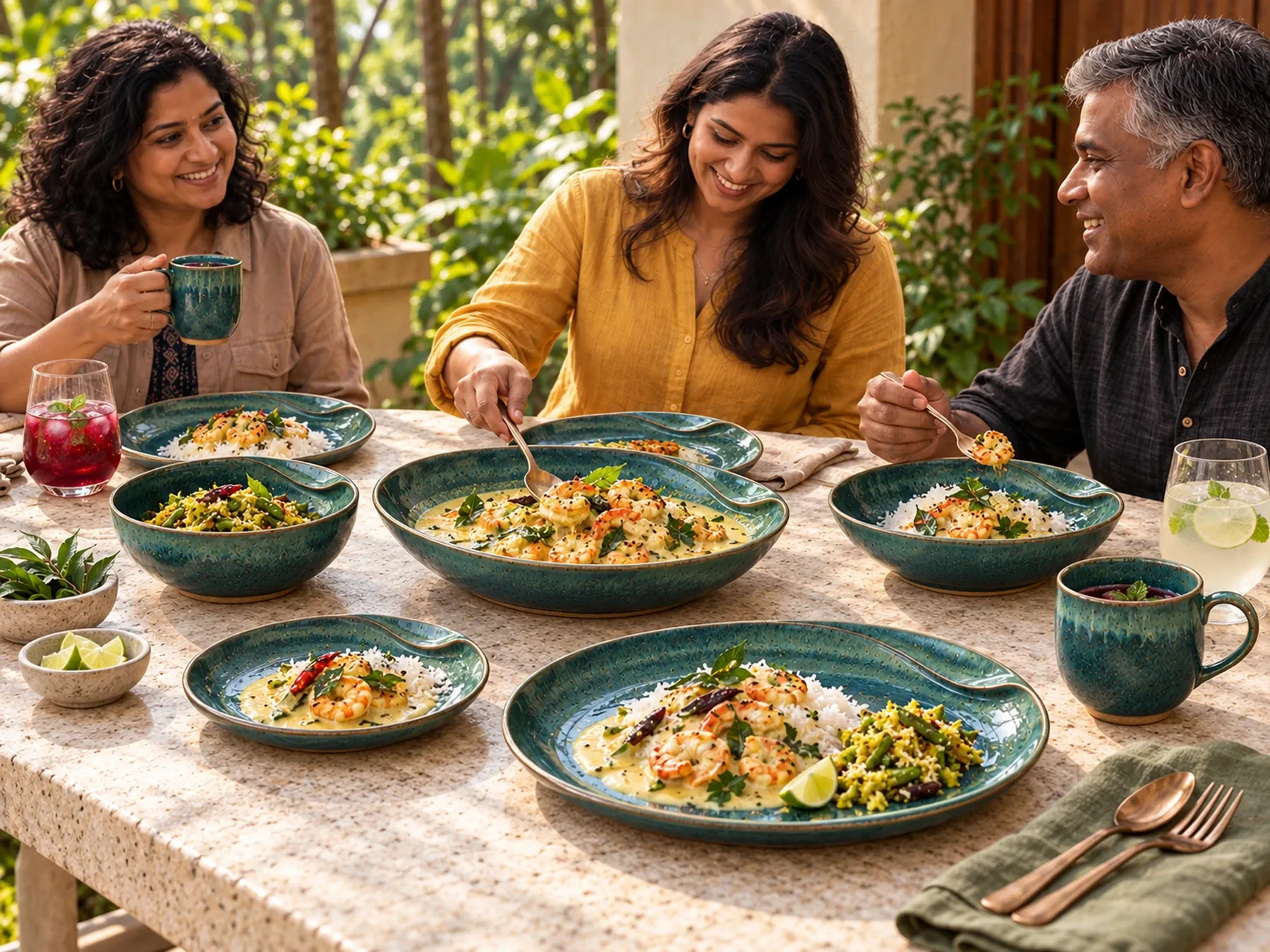 South Indian diners sharing an Indian meal with Kaveri dinnerware.