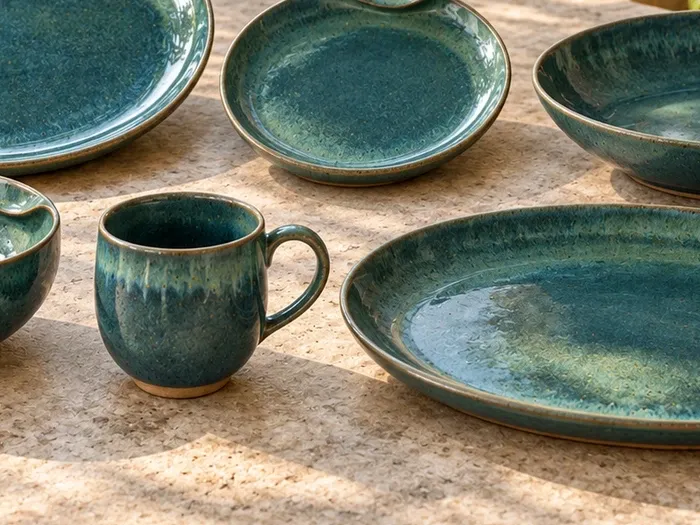 A close detail of Kaveri stoneware forms and glaze.