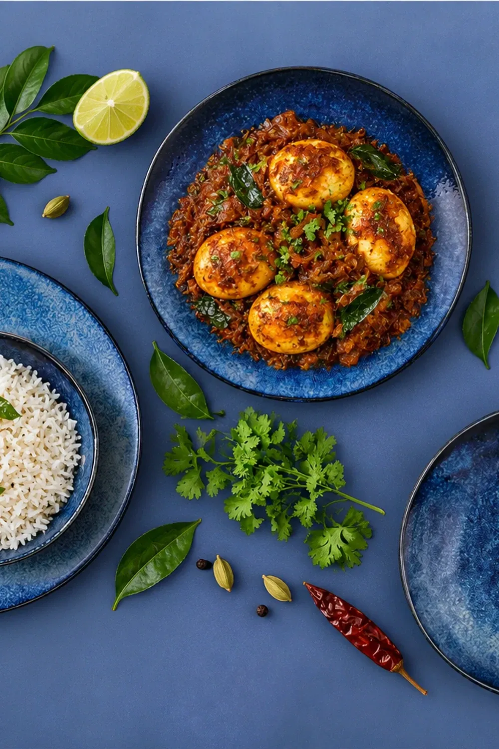 Kiryu dinnerware arranged with Kerala egg roast with a neat vegetable accompaniment.
