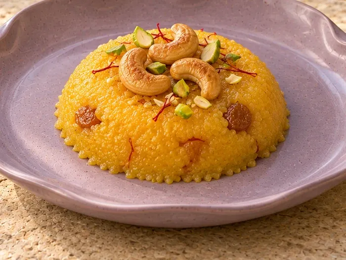 A close detail of saffron rava kesari with toasted cashews on Kurinji stoneware.