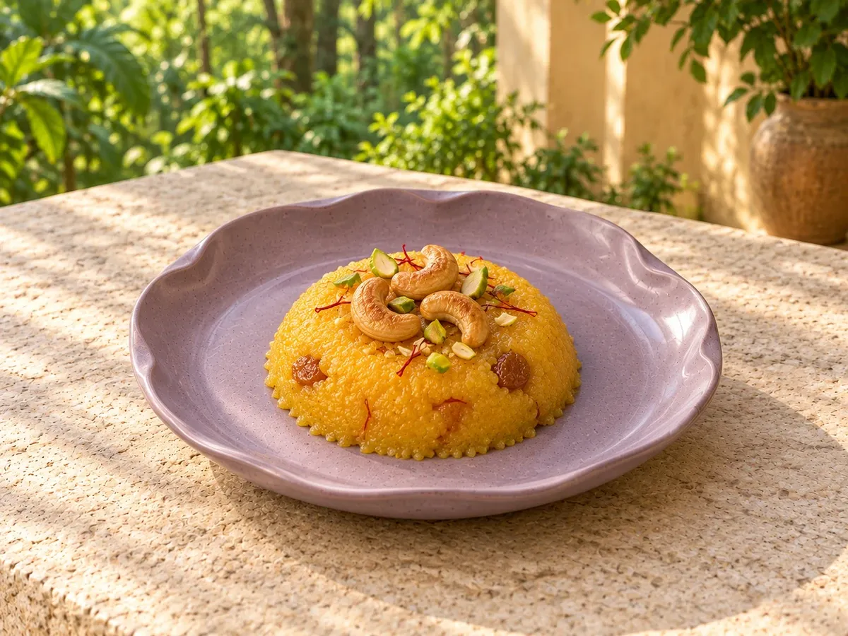 Kurinji stoneware serving saffron rava kesari with toasted cashews.