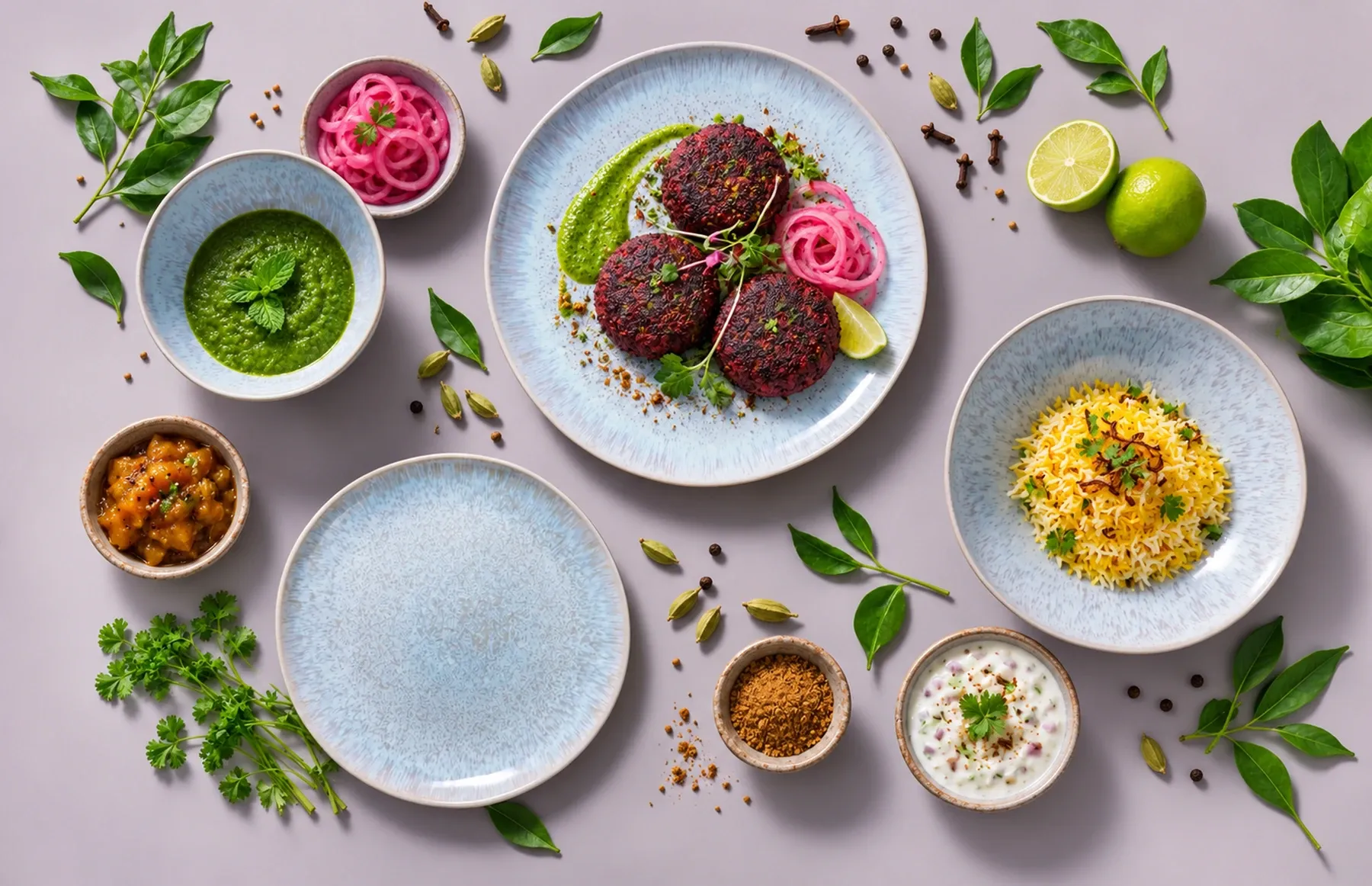 Light Blue Sea dinnerware arranged with beetroot galouti with mint-coriander chutney and pickled onion.