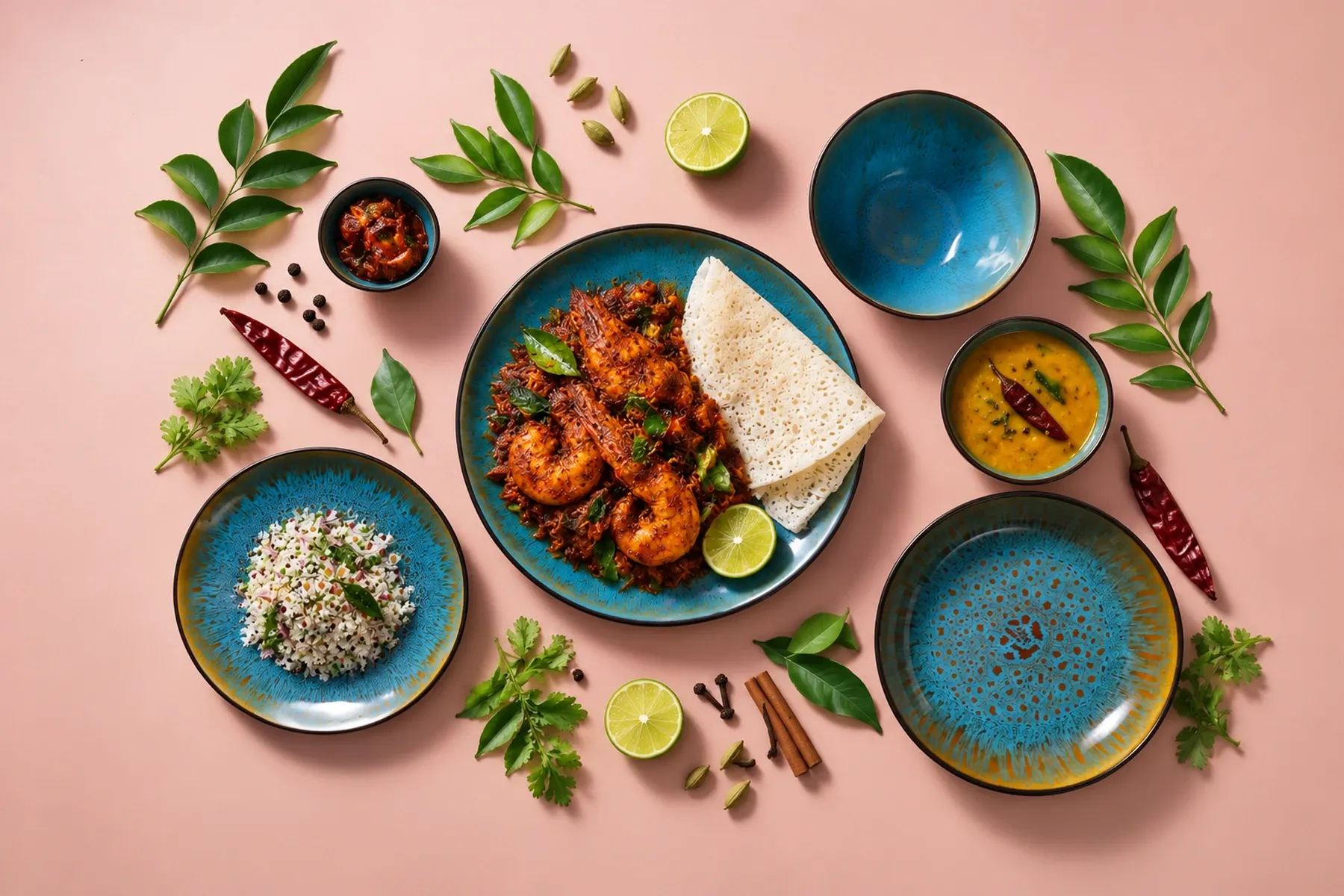 Lotus dinnerware arranged with prawn ghee roast with fresh curry leaves and a small neer-dosa fold.