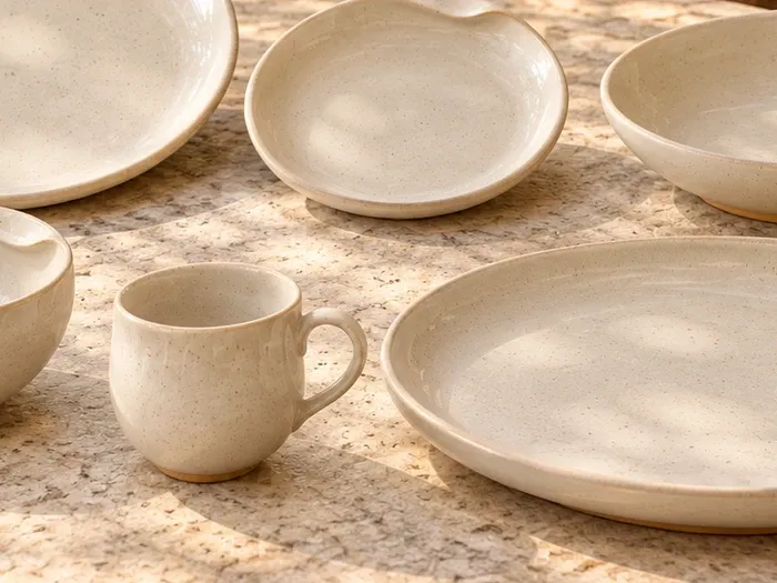 A close detail of Magizham stoneware forms and glaze.