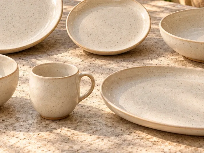 A close detail of Malabar stoneware forms and glaze.