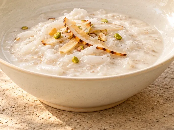 A close detail of tender-coconut payasam with toasted coconut on Malligai stoneware.