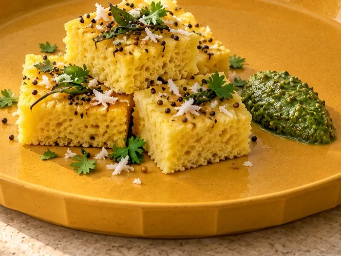 A close detail of dhokla with coriander chutney, mustard-seed tempering and fresh coconut on Manjal stoneware.