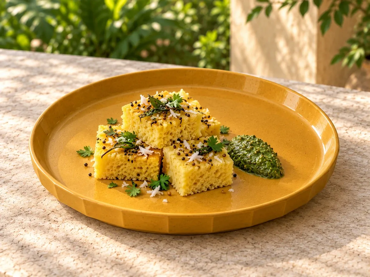 Manjal stoneware serving dhokla with coriander chutney, mustard-seed tempering and fresh coconut.