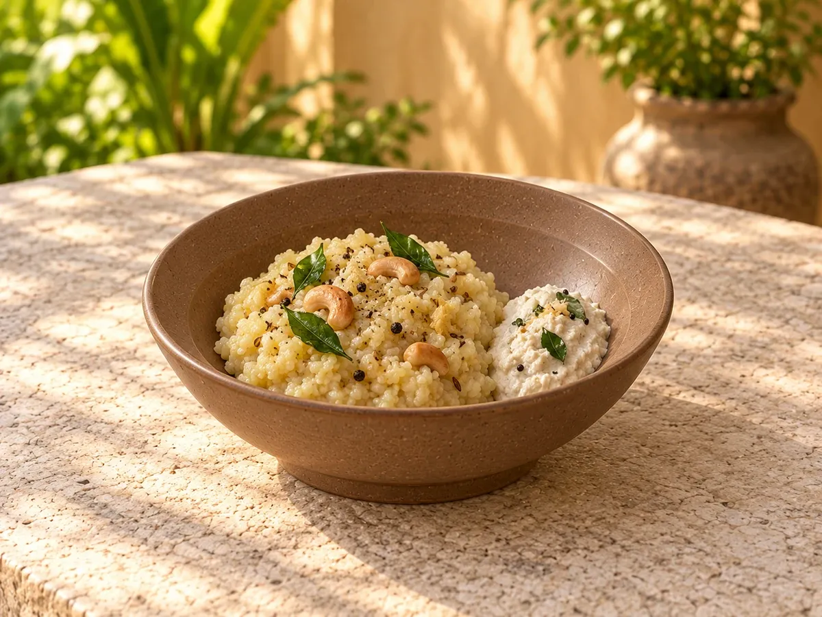 Marudham stoneware serving millet ven pongal with coconut chutney served alongside.