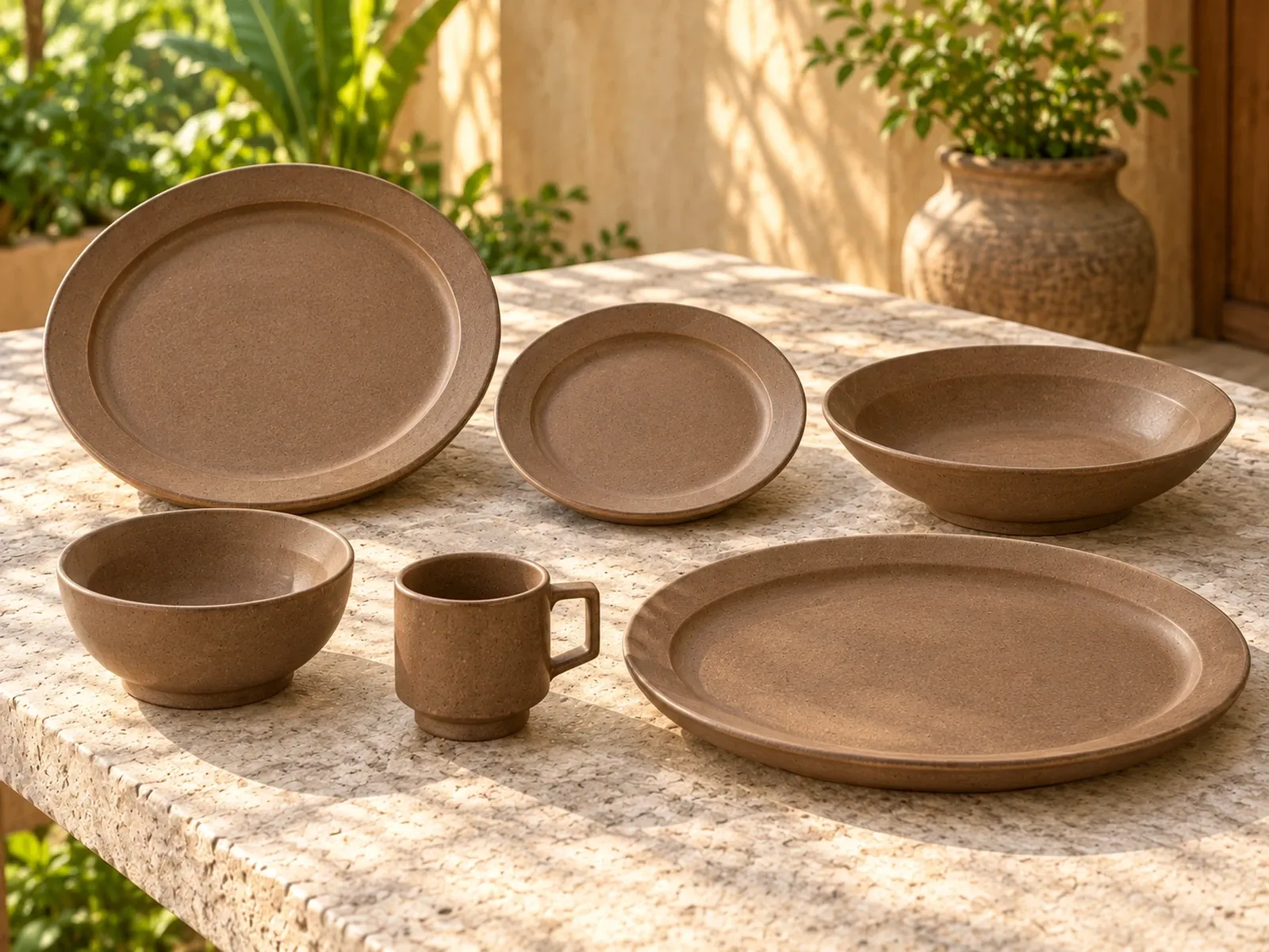 Marudham six-piece stoneware range on a light limestone table.