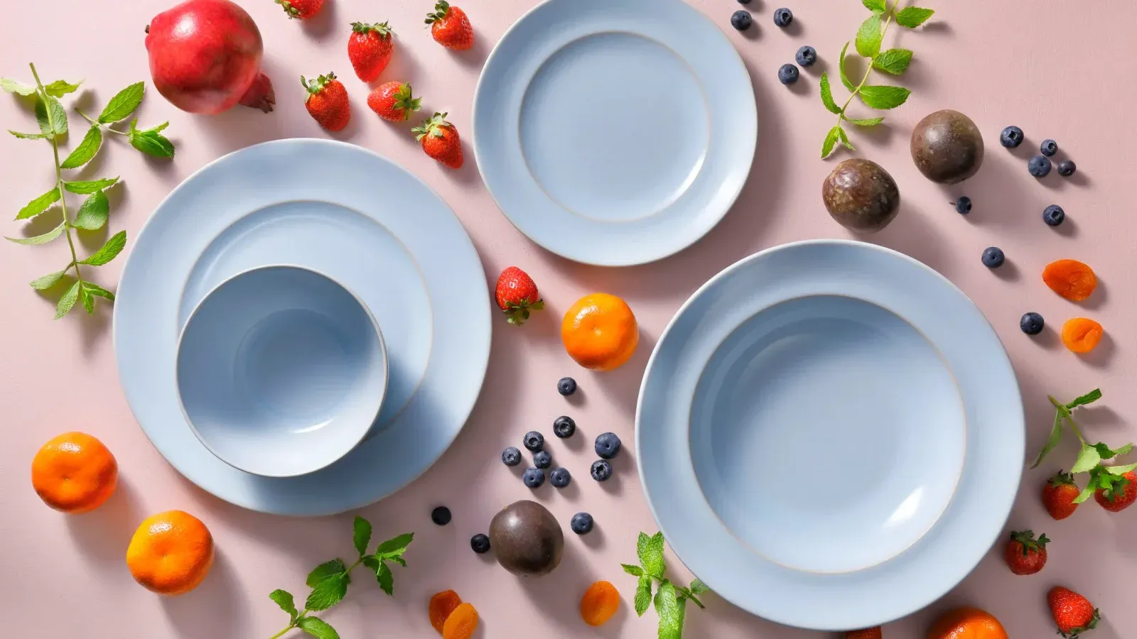 A table setting with blue ceramic tableware.