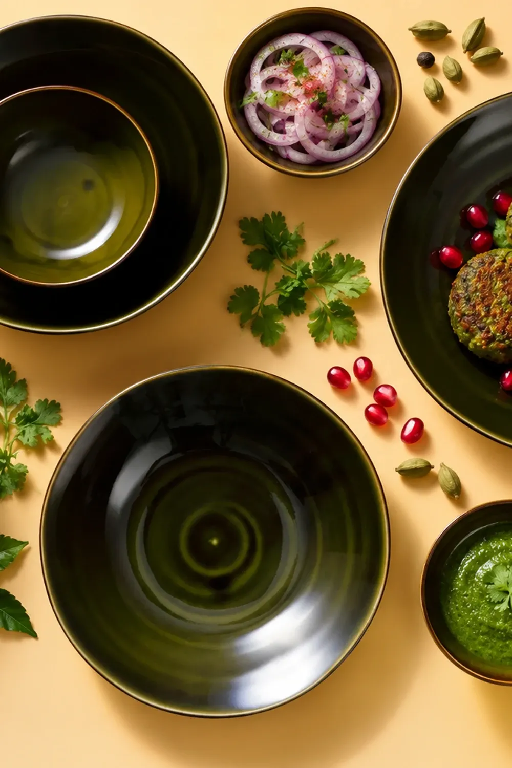 Midori dinnerware arranged with hara bhara kebabs with green chutney and restrained pomegranate garnish.