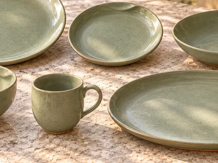 A close detail of Mullai stoneware forms and glaze.