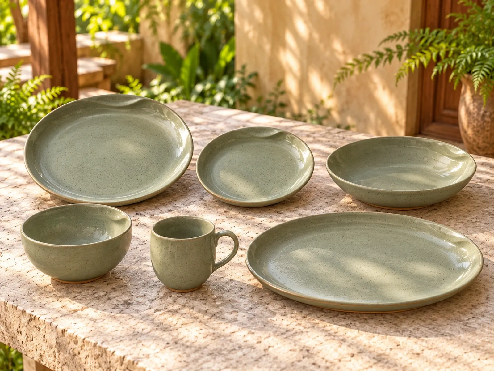 Mullai six-piece stoneware range on a light limestone table.