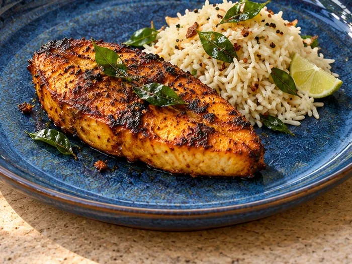 A close detail of coastal fish tikka with a little curry-leaf rice on Neelam stoneware.