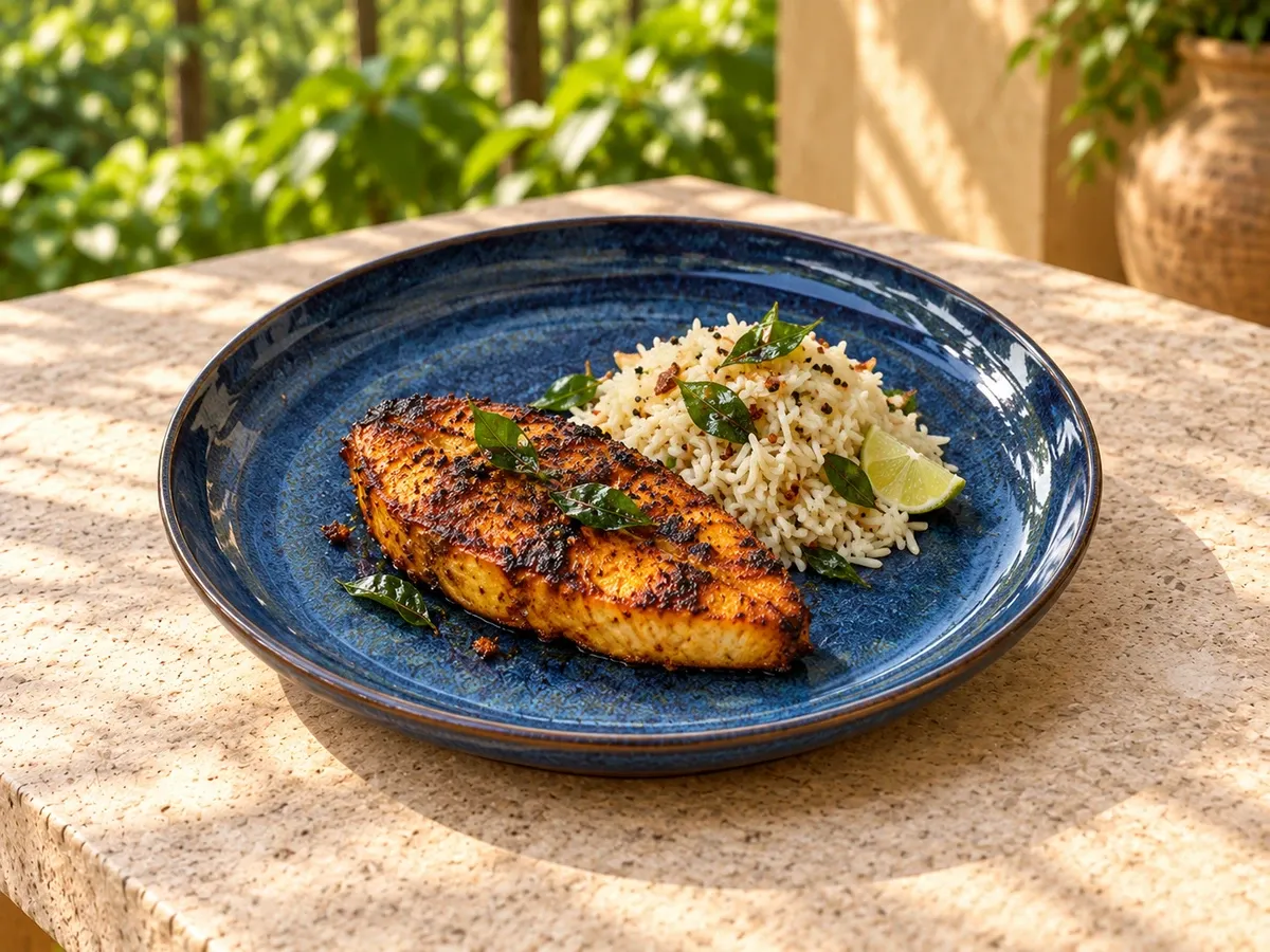 Neelam stoneware serving coastal fish tikka with a little curry-leaf rice.