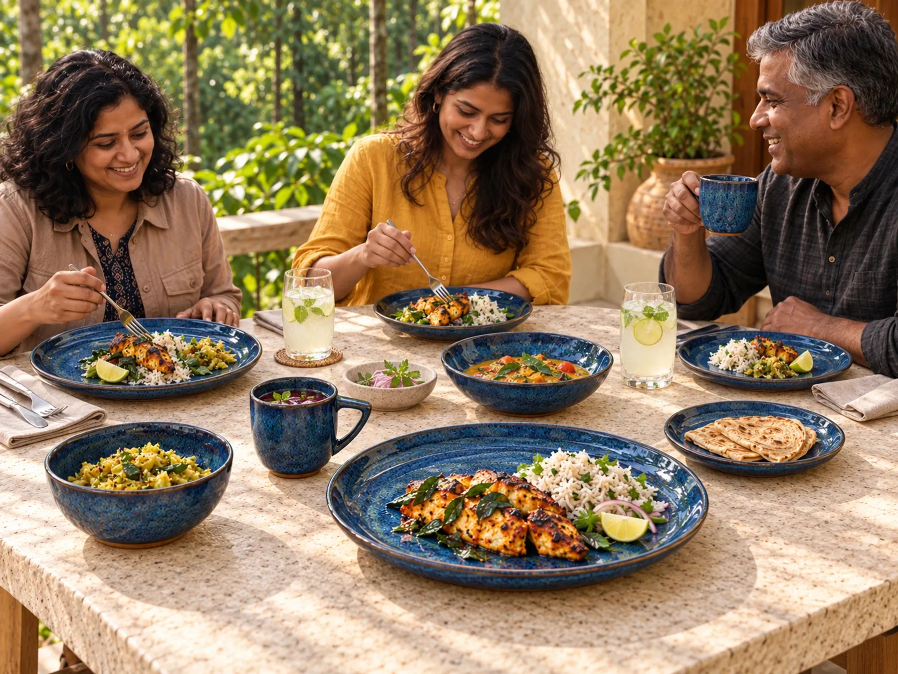 South Indian diners sharing an Indian meal with Neelam dinnerware.