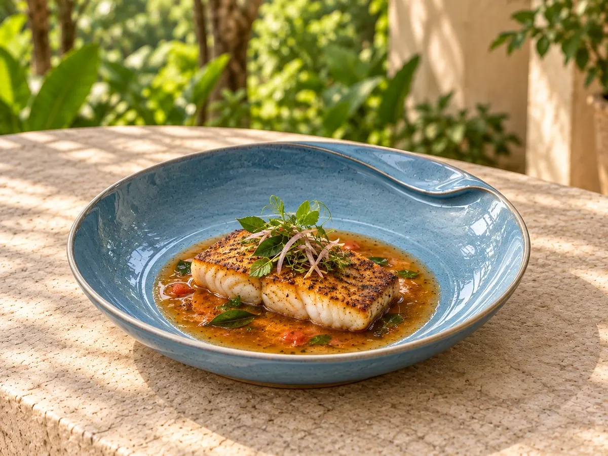 Neythal stoneware serving pan-seared fish with a little coastal rasam reduction.