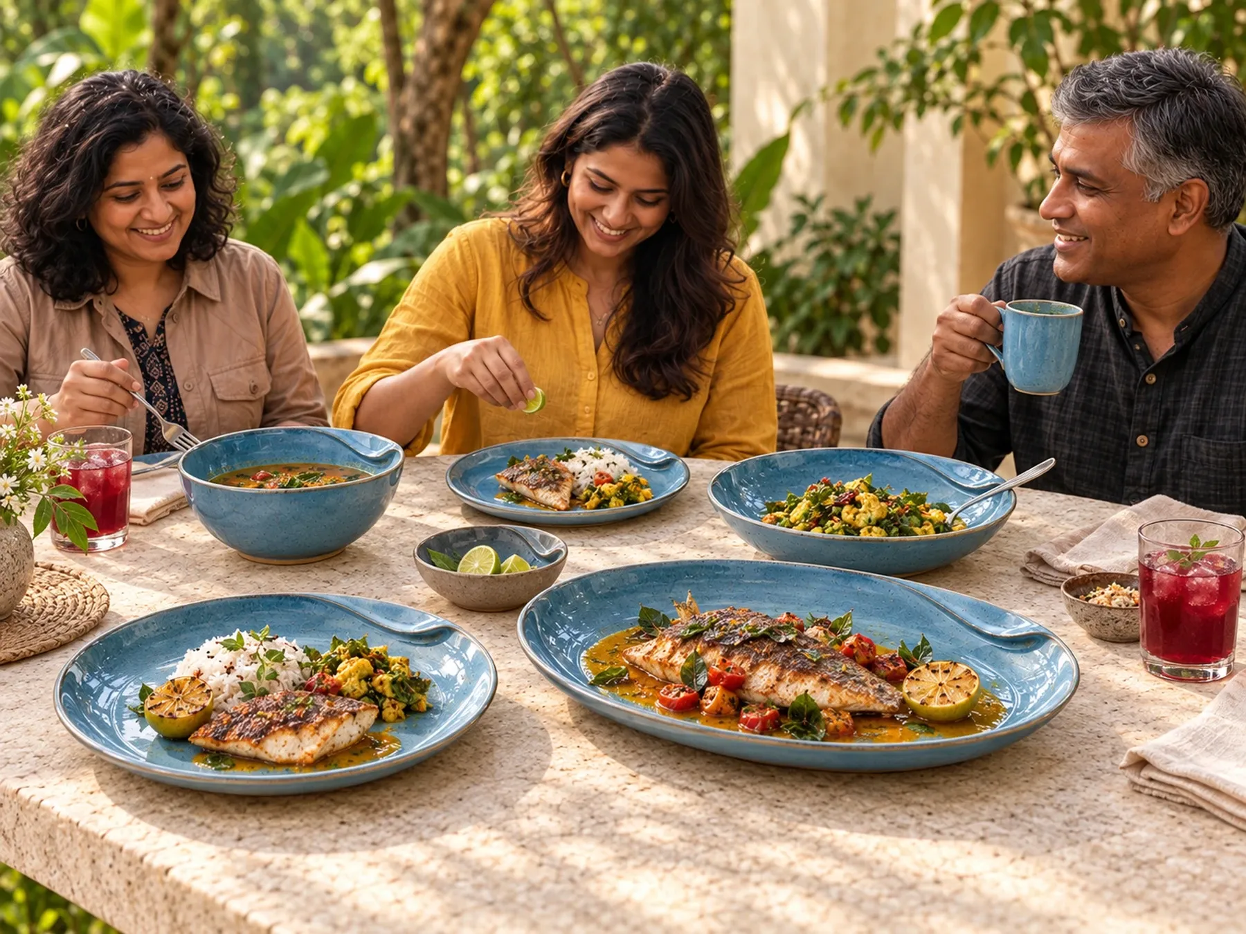 South Indian diners sharing an Indian meal with Neythal dinnerware.
