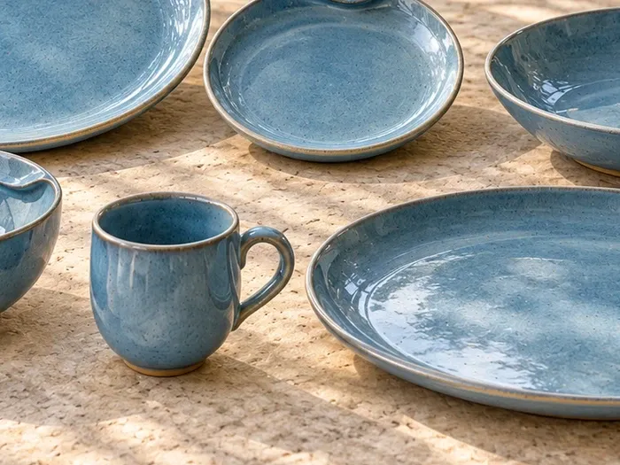 A close detail of Neythal stoneware forms and glaze.