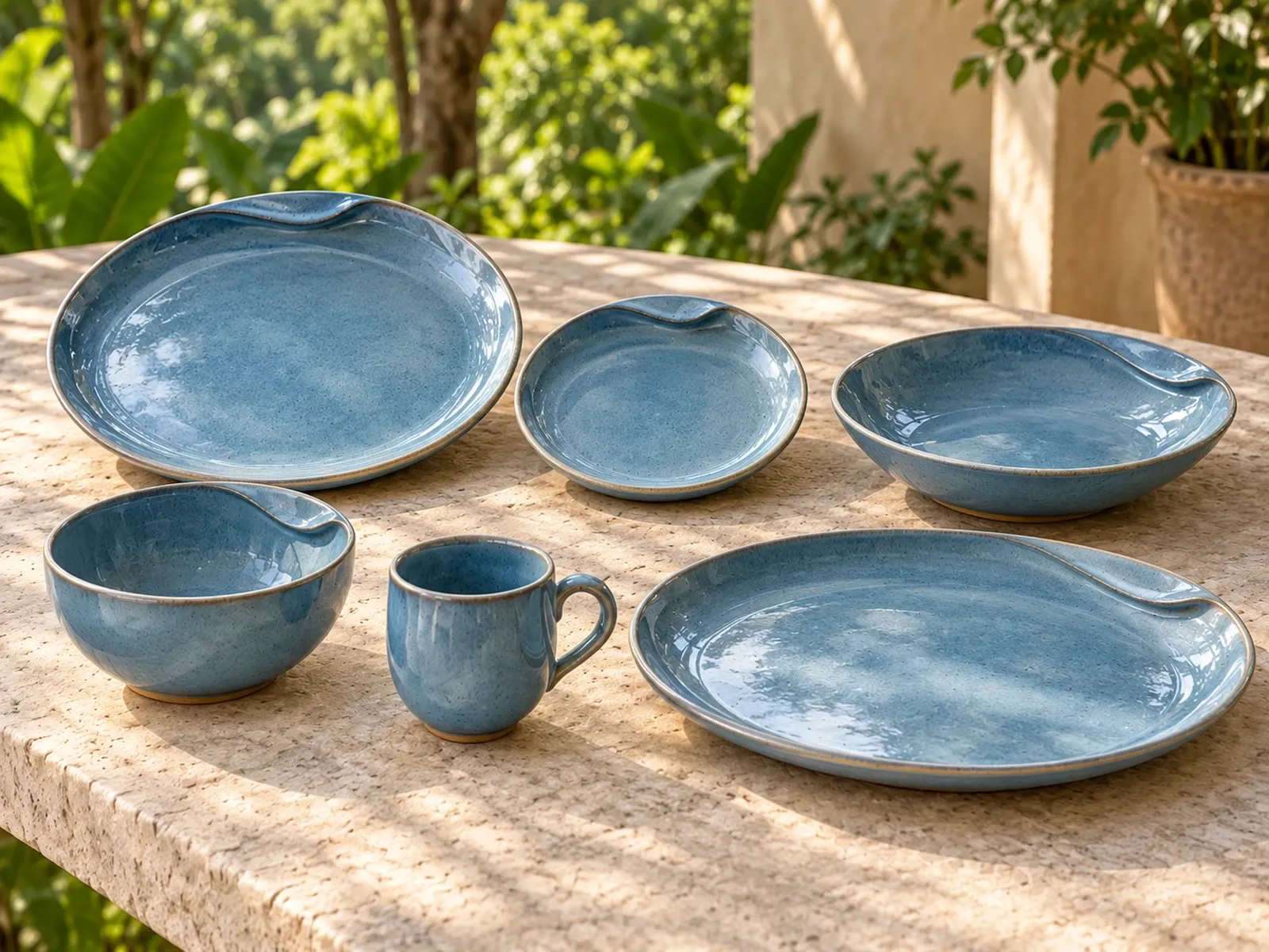 Neythal six-piece stoneware range on a light limestone table.