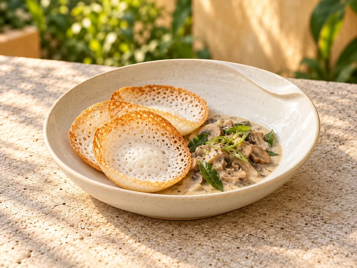 Nila stoneware serving mini appams with mushroom-coconut stew.
