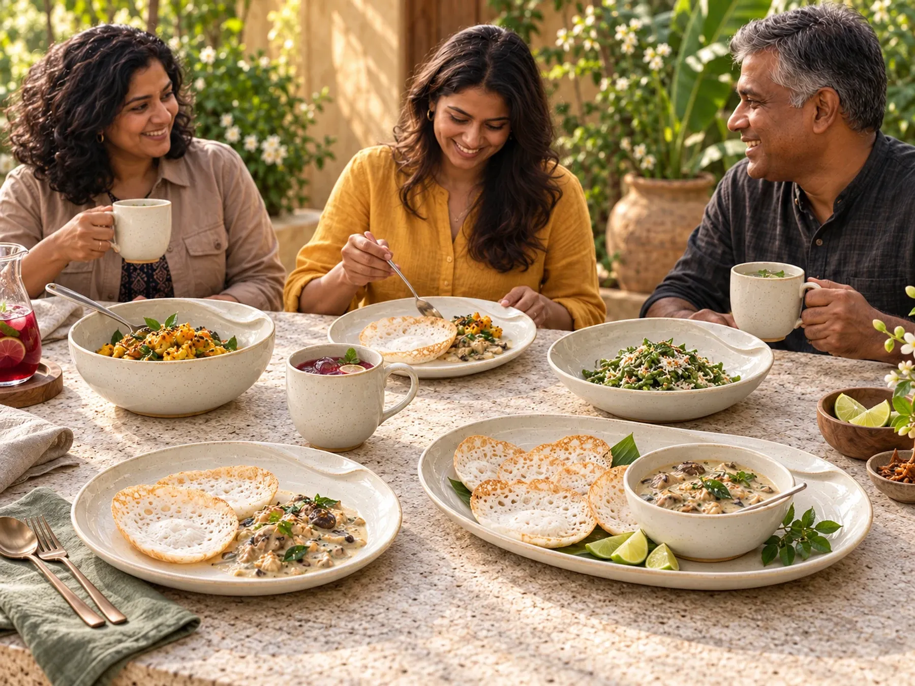 South Indian diners sharing an Indian meal with Nila dinnerware.