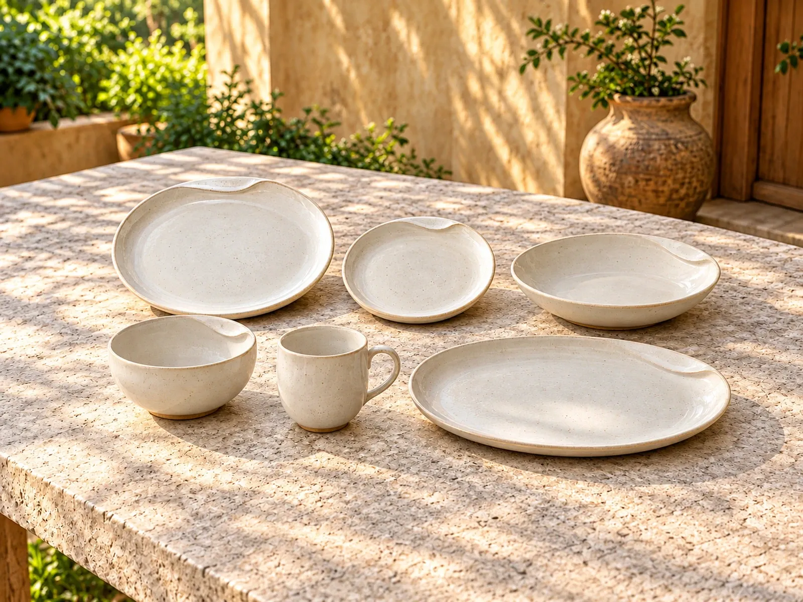 Nila six-piece stoneware range on a light limestone table.
