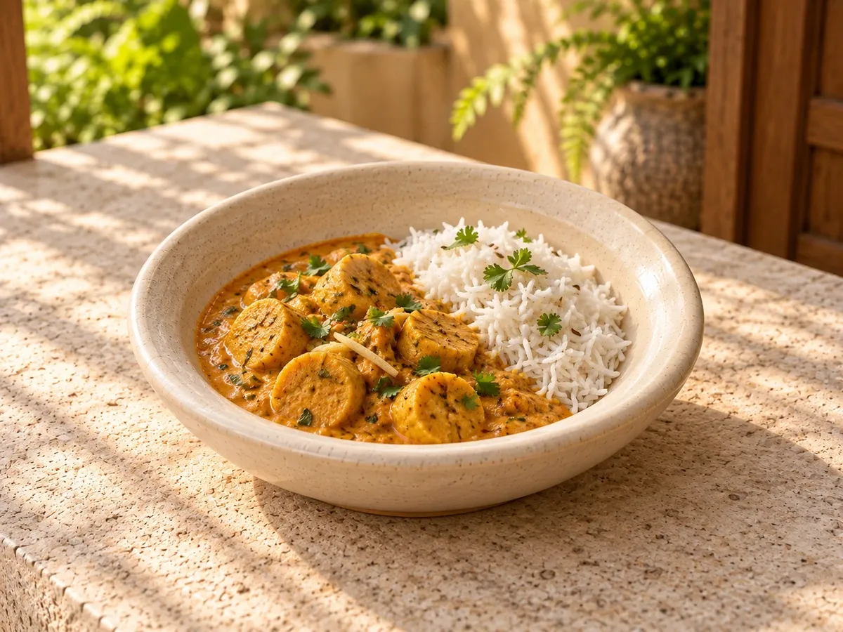 Paalai stoneware serving Rajasthani gatte ki sabzi with a small steamed-rice accompaniment.
