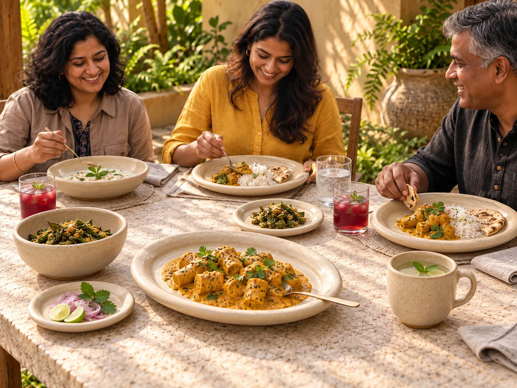 South Indian diners sharing an Indian meal with Paalai dinnerware.