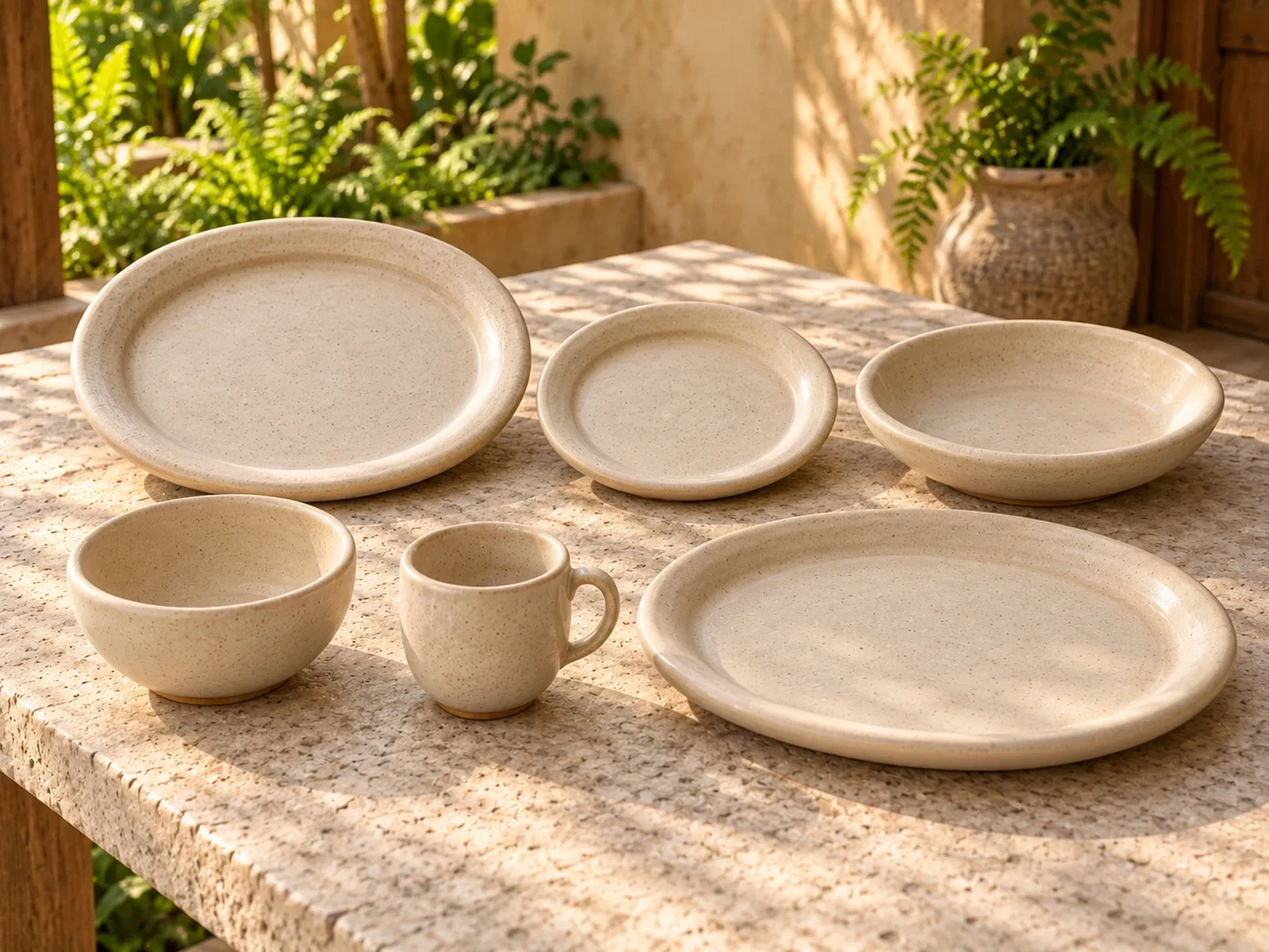 Paalai six-piece stoneware range on a light limestone table.
